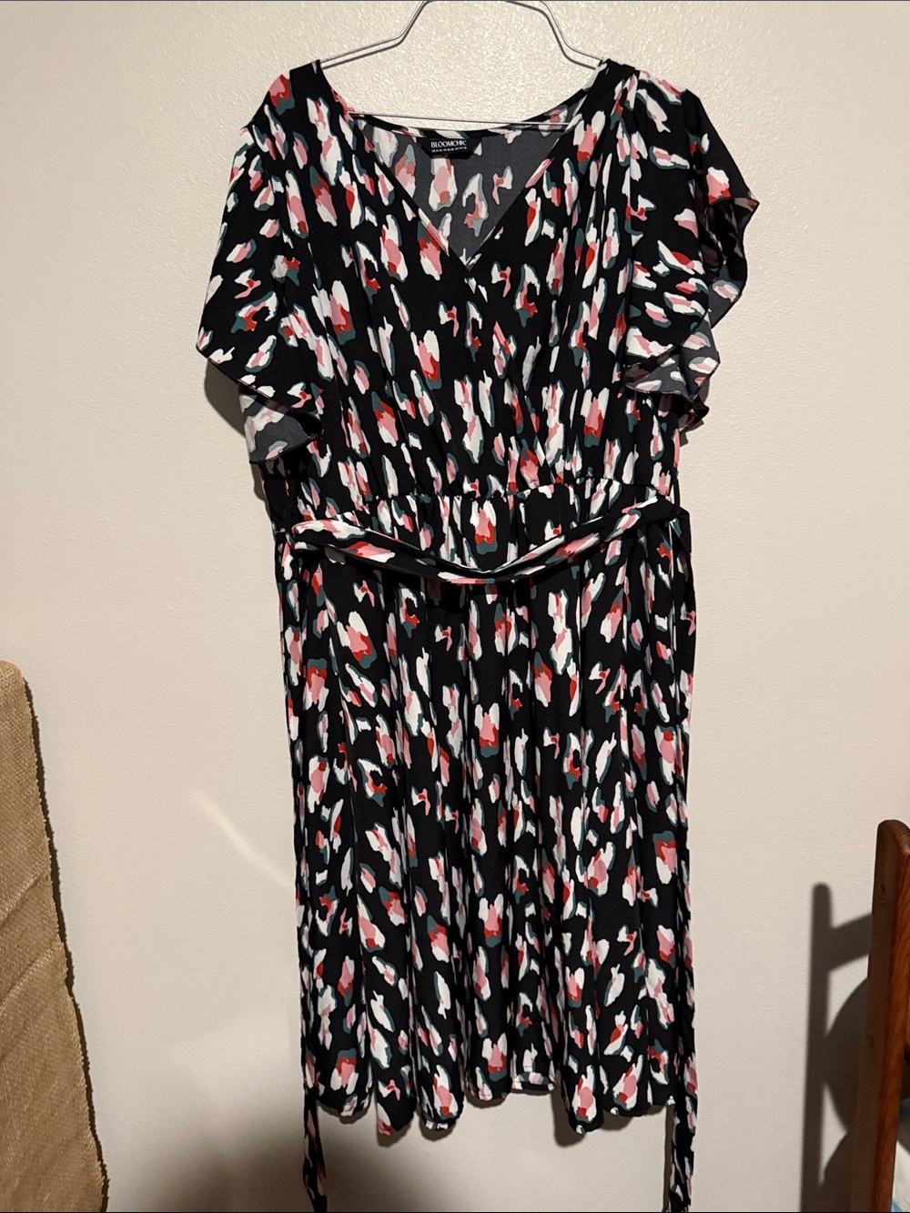 BloomChic Black Midi Dress with Pink, Red & White Abstract Print